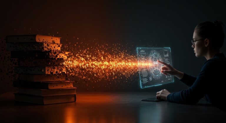 Evolución del aprendizaje técnico y desarrollo de software con IA en 2026, mostrando la transición de libros a plataformas digitales.