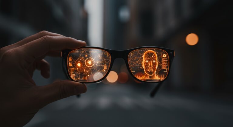 Gafas inteligentes con IA aplicadas a vigilancia policial y seguridad, representando el futuro de los wearables con visión artificial.