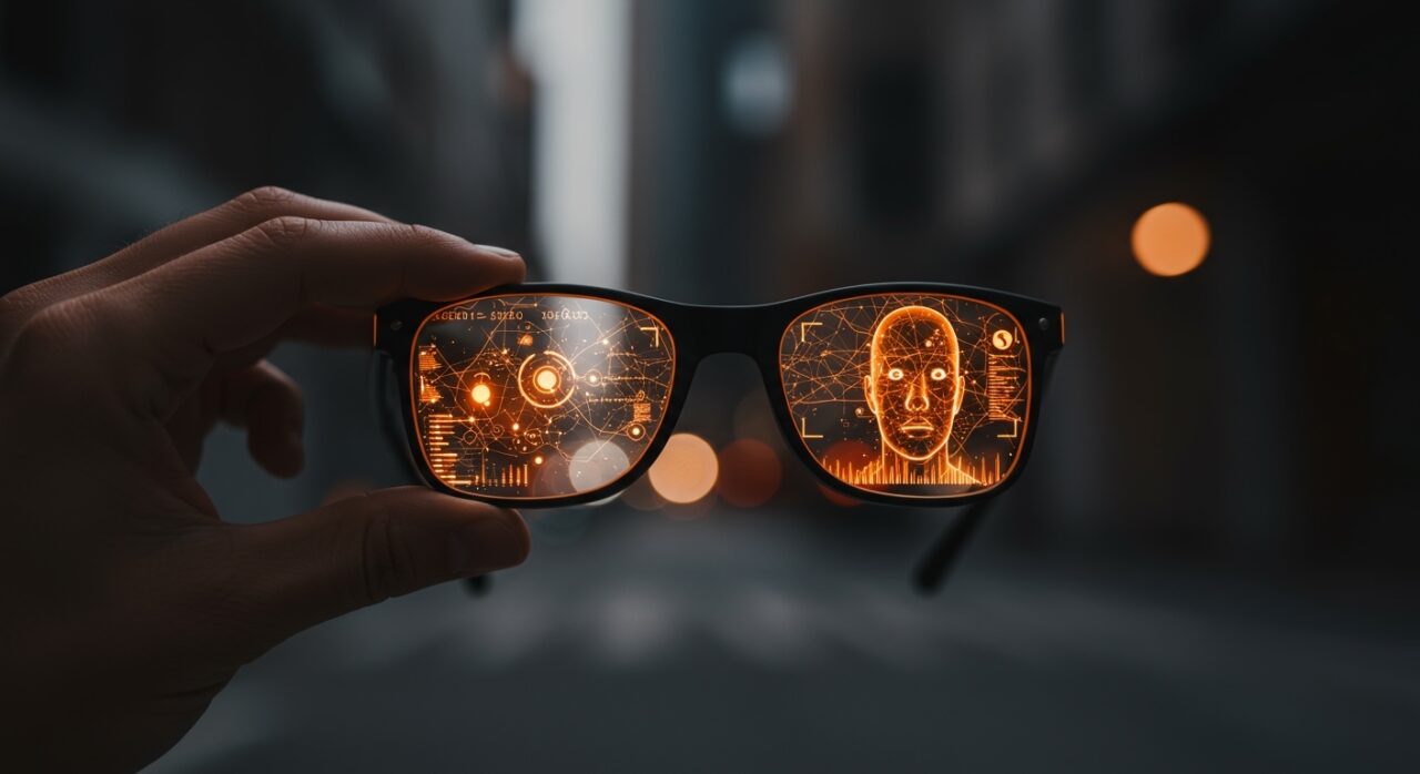 Gafas inteligentes con IA aplicadas a vigilancia policial y seguridad, representando el futuro de los wearables con visión artificial.