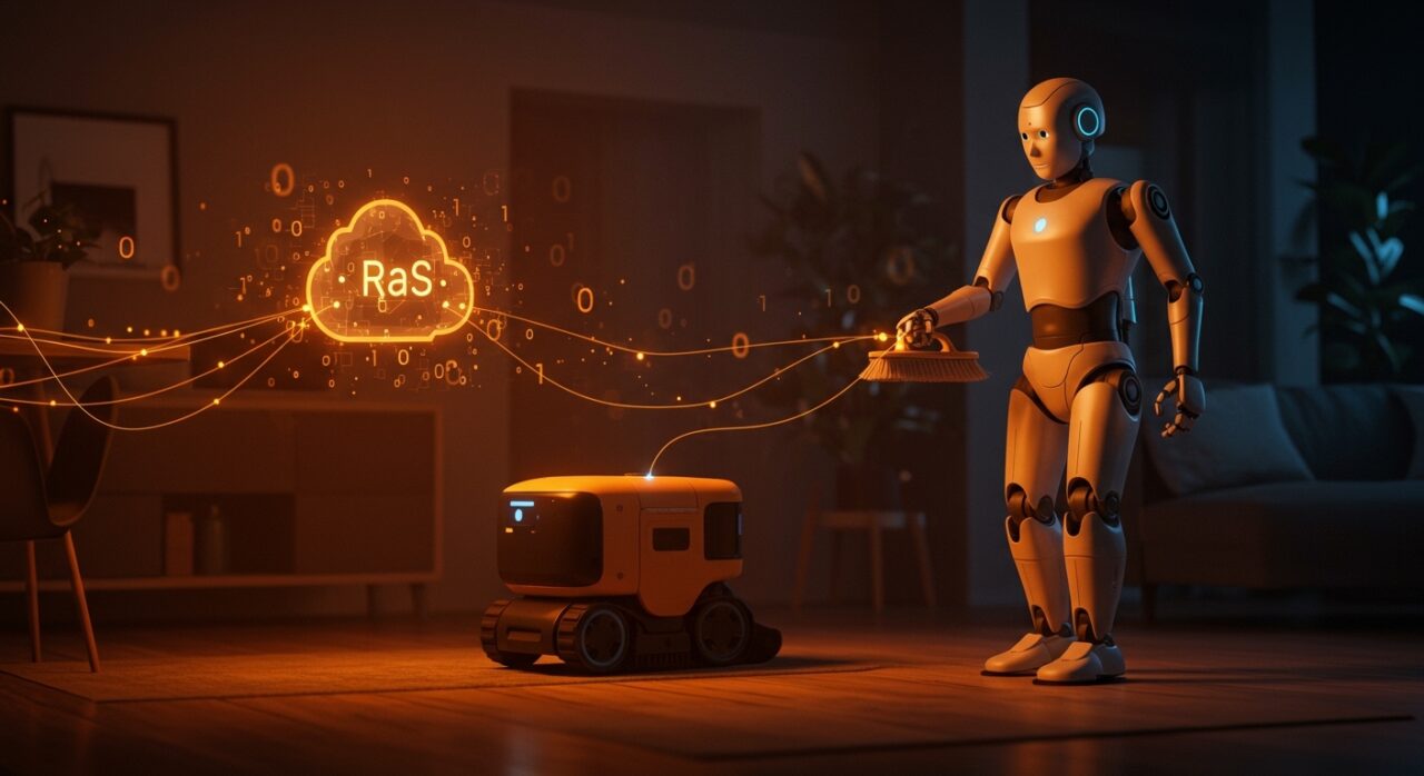 Robot humanoide realizando tareas domésticas, representando el modelo de negocio RaaS en la robótica de consumo.