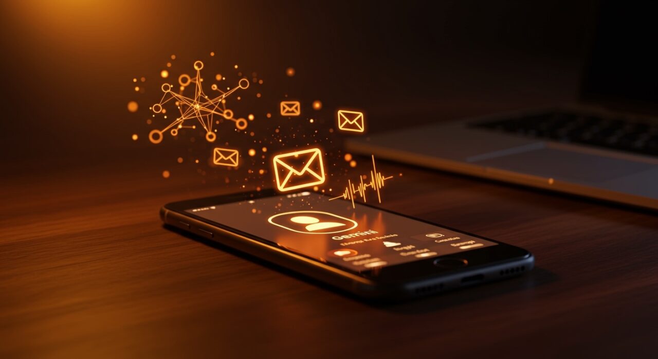 Interfaz futurista de Gmail con integración de inteligencia artificial Gemini para búsqueda por voz en entornos de productividad startup.