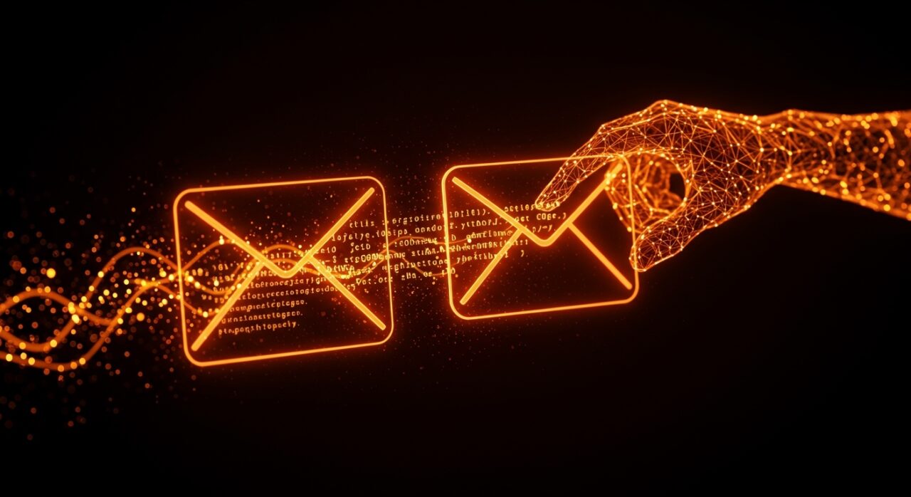 Representación visual de Gmail con Gemini IA equilibrando la automatización tecnológica con el toque humano en el cold emailing.