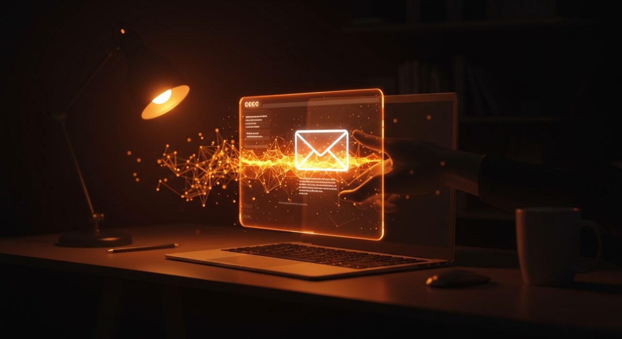 Representación visual de Gmail con Gemini integrando IA humanizada para productividad en startups.