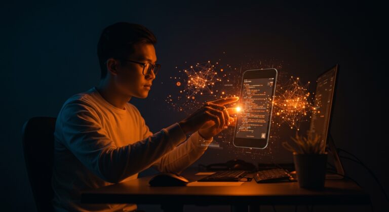 Desarrollador creando apps Android con Google AI Studio y vibe coding para acelerar el prototipado rápido con IA.