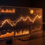 Representación visual de Google Finance con IA para founders, mostrando análisis bursátil y datos financieros en tonos naranja y negro.