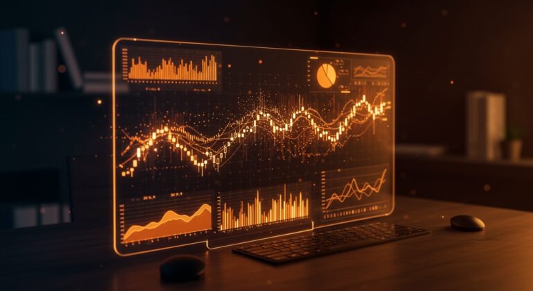 Representación visual de Google Finance con IA para founders, mostrando análisis bursátil y datos financieros en tonos naranja y negro.