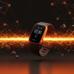 Dispositivo wearable de salud con IA en tonos naranja y negro, representando la competencia de Fitbit Air en el sector HealthTech.