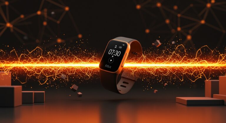Dispositivo wearable de salud con IA en tonos naranja y negro, representando la competencia de Fitbit Air en el sector HealthTech.