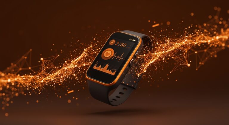 Representación conceptual de un dispositivo wearable de salud minimalista con ondas de datos digitales, analizando el impacto de Google Fitbit Air en el sector healthtech.