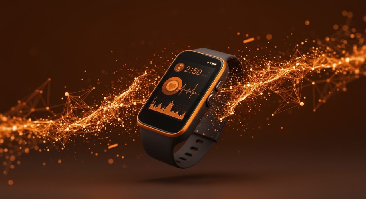Representación conceptual de un dispositivo wearable de salud minimalista con ondas de datos digitales, analizando el impacto de Google Fitbit Air en el sector healthtech.