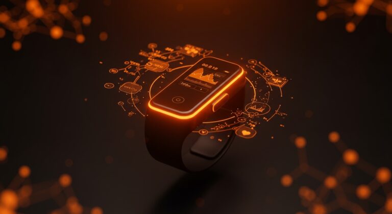 Wearable de salud futurista con tonos naranja y negro representando la democratización de la HealthTech por Google Fitbit Air.