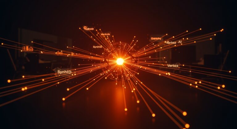Representación visual de la integración de inteligencia artificial multimodal Gemini Omni en entornos empresariales, destacando gobernanza y automatización.