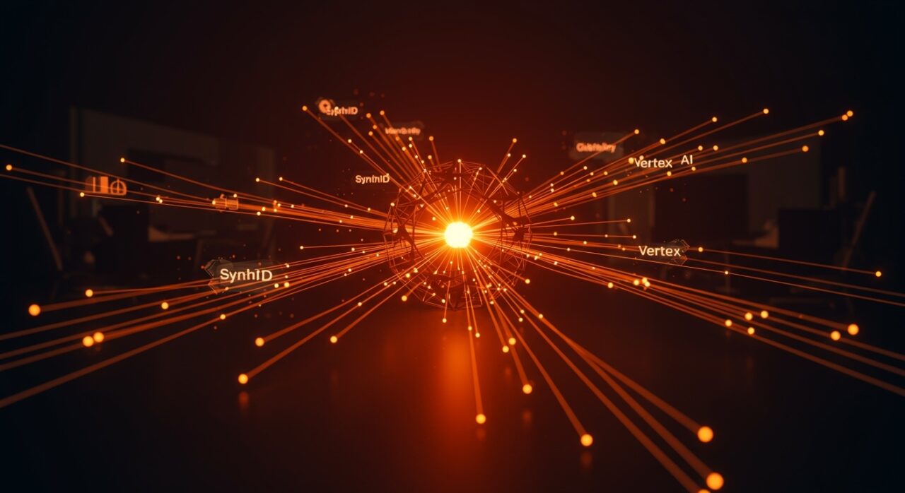 Representación visual de la integración de inteligencia artificial multimodal Gemini Omni en entornos empresariales, destacando gobernanza y automatización.