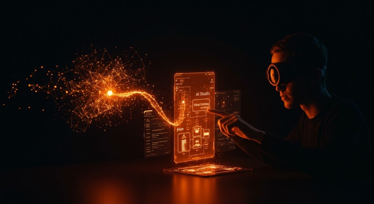 Desarrollador utilizando Android AI Studio y vibe coding para crear aplicaciones con IA generativa, representando el futuro del desarrollo no-code.