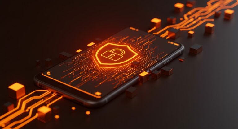 Representación conceptual de bloqueo de reCAPTCHA en Android con elementos de seguridad digital en naranja y negro.