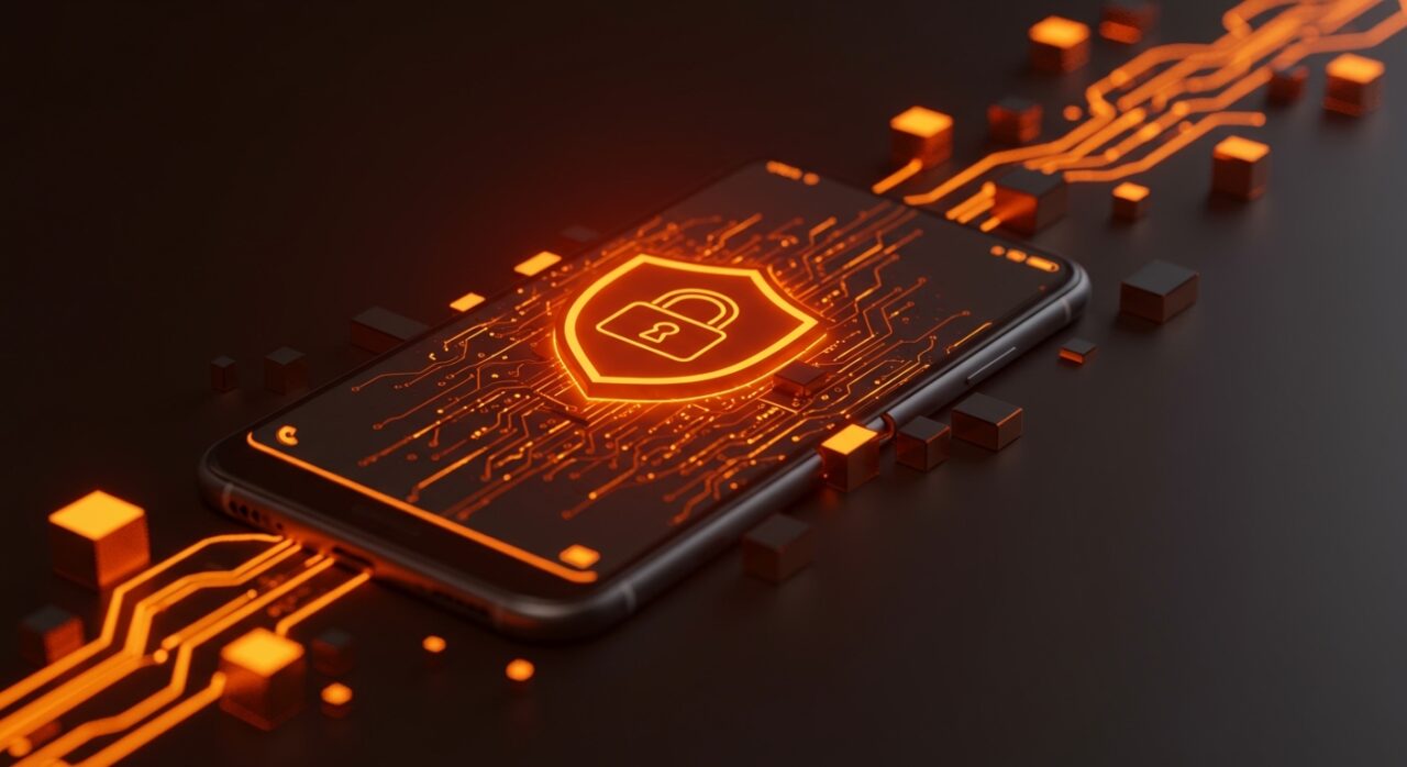 Representación conceptual de bloqueo de reCAPTCHA en Android con elementos de seguridad digital en naranja y negro.