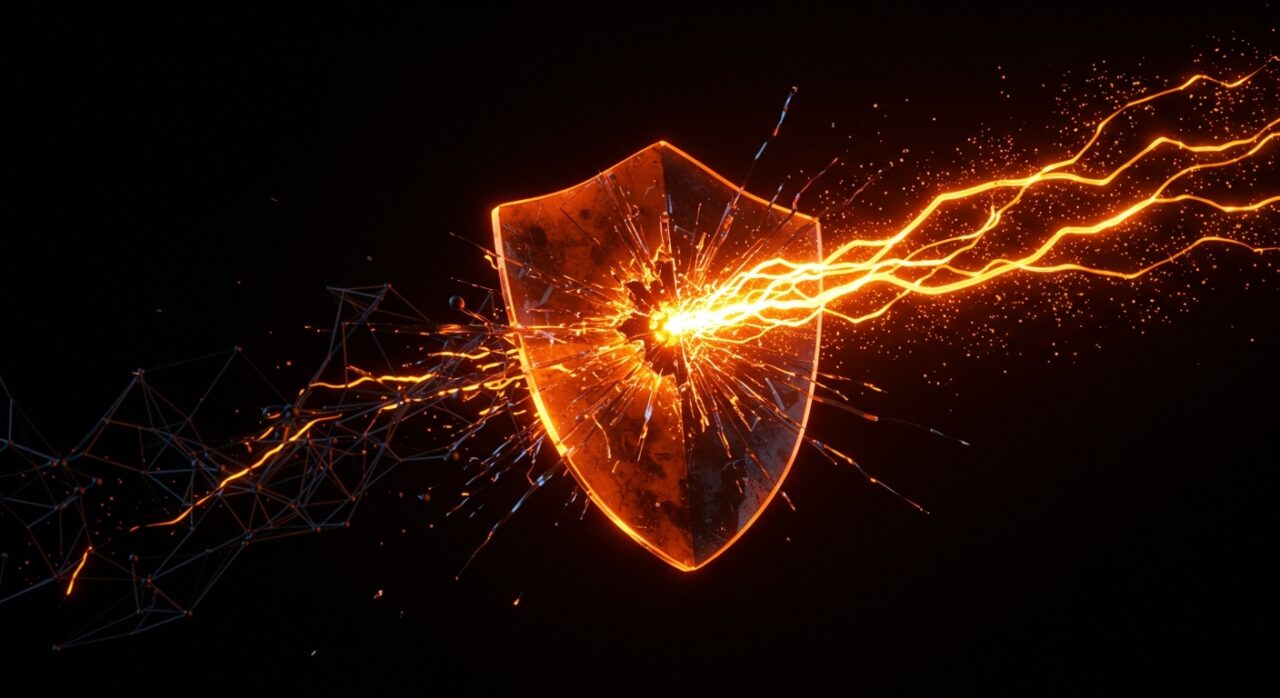 Representación conceptual de un ataque zero-day generado por IA y la ciberseguridad en startups, con colores naranja y negro.