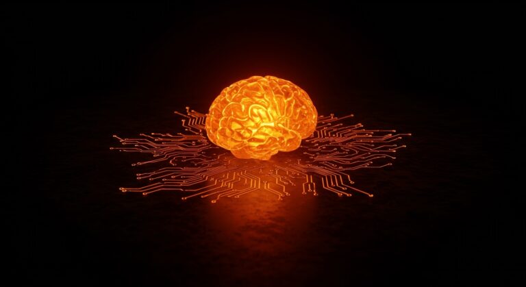 Representación visual de la inteligencia artificial GPT-5.5 superando benchmarks de IQ humano con efectos de luz naranja y negro.