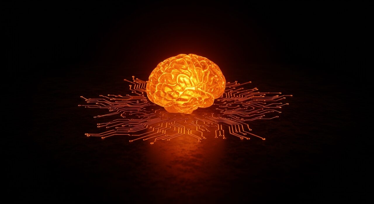 Representación visual de la inteligencia artificial GPT-5.5 superando benchmarks de IQ humano con efectos de luz naranja y negro.