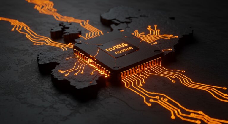 Representación conceptual de la dependencia de infraestructura de IA en Europa con chips NVIDIA y el concepto de soberanía tecnológica.