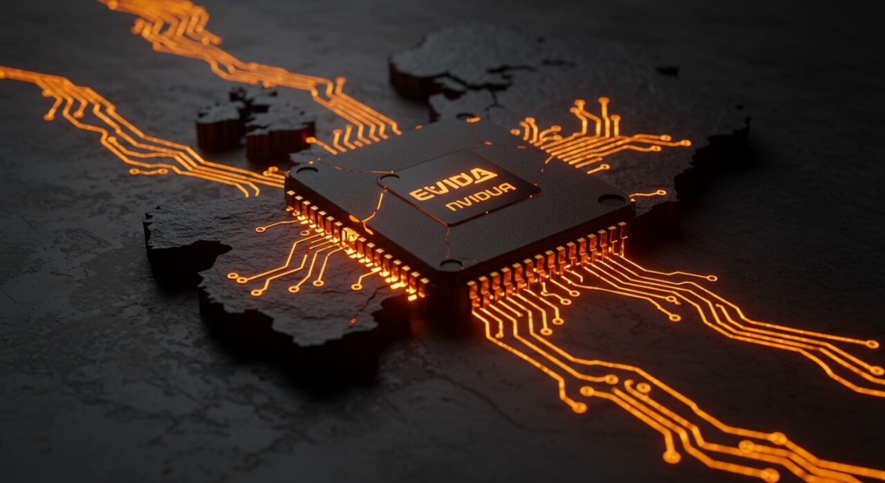 Representación conceptual de la dependencia de infraestructura de IA en Europa con chips NVIDIA y el concepto de soberanía tecnológica.