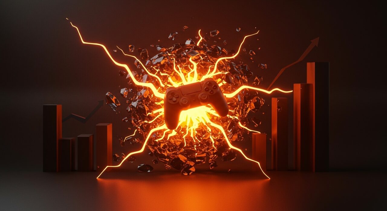 Simbología de financiamiento Serie B para startups de gaming con elementos de crecimiento y venture capital en colores naranja y negro.