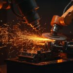 Representación futurista de manufactura avanzada y automatización industrial inspirada en GrindingHub 2026.