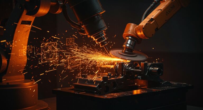 Representación futurista de manufactura avanzada y automatización industrial inspirada en GrindingHub 2026.