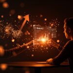 Fundador de startup interactuando con interfaz holográfica de Grok 4.3 de xAI, mostrando innovación y reducción de costos en modelos de lenguaje para IA.