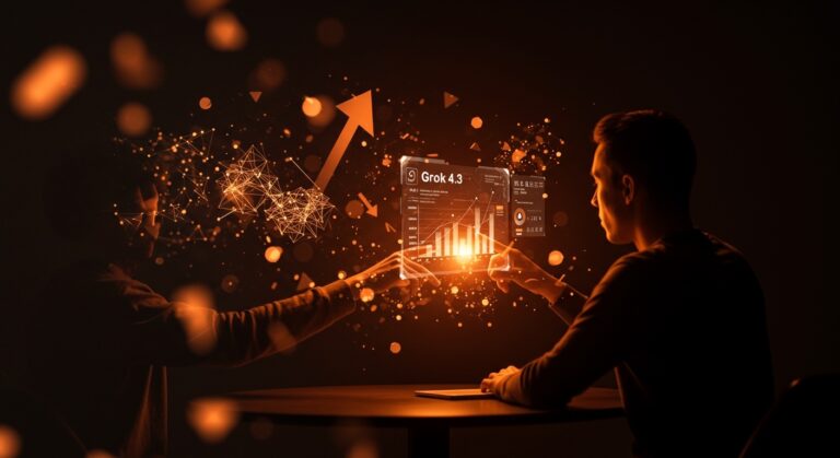Fundador de startup interactuando con interfaz holográfica de Grok 4.3 de xAI, mostrando innovación y reducción de costos en modelos de lenguaje para IA.