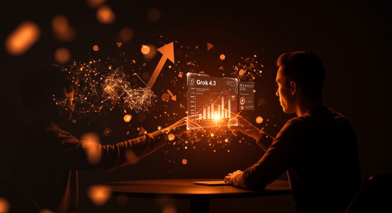 Fundador de startup interactuando con interfaz holográfica de Grok 4.3 de xAI, mostrando innovación y reducción de costos en modelos de lenguaje para IA.