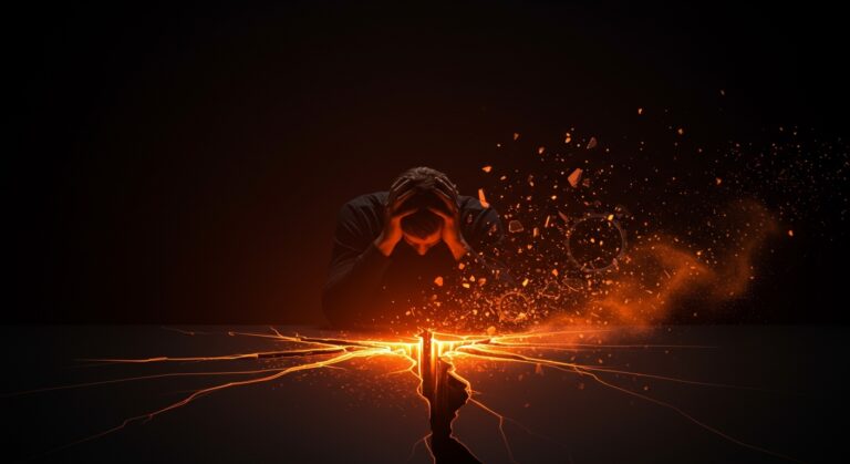 Representación conceptual de burnout laboral en fundadores de startups con colores naranja y negro, simbolizando estrés y bienestar laboral.