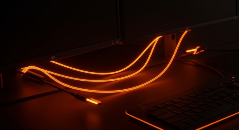 Setup de productividad avanzado con cables Thunderbolt y HDMI para monitores 4K, optimizado para emprendedores y founders.