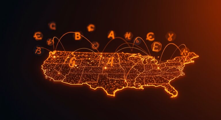 Mapa digital de EE.UU. con nodos de conexión global, representando la expansión de startups hacia mercados multilingües.