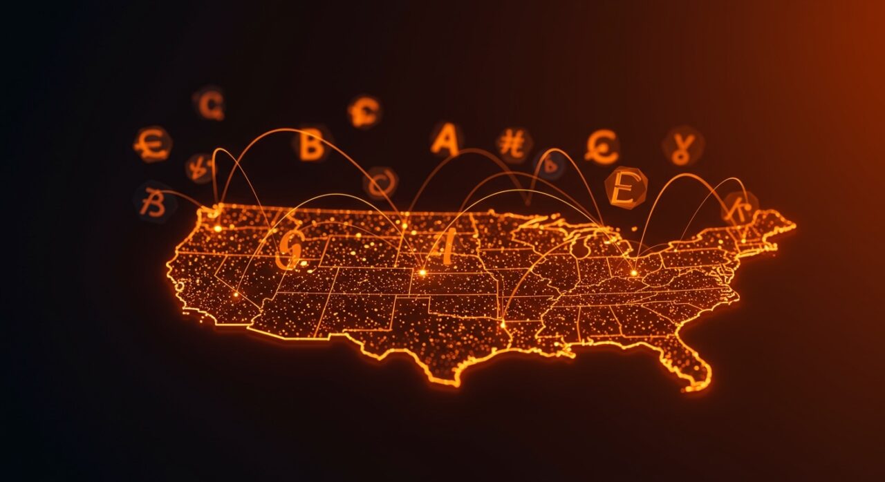 Mapa digital de EE.UU. con nodos de conexión global, representando la expansión de startups hacia mercados multilingües.