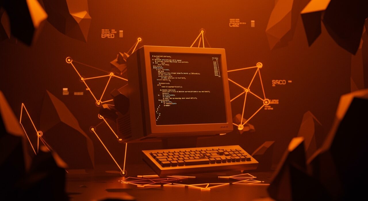 Representación conceptual de herramientas de hacking de los 90 y ciberseguridad moderna con estética naranja y negra.