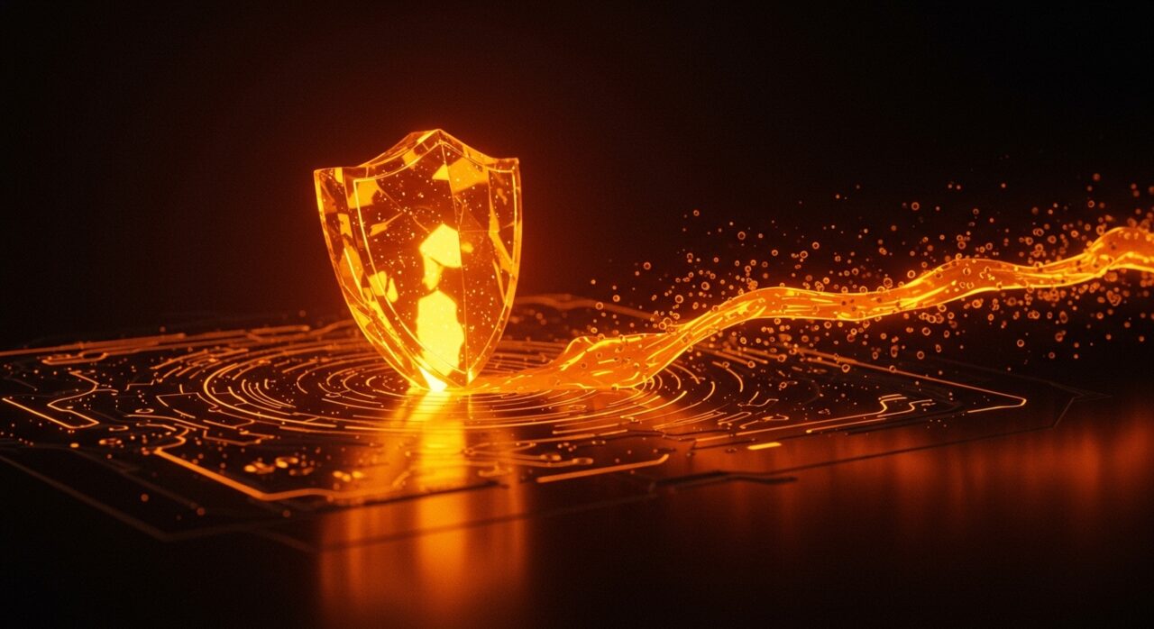 Símbolo de inversión en defensa tecnológica y AI con tonos naranja y negro, representando el crecimiento de unicornios europeos de deep tech.