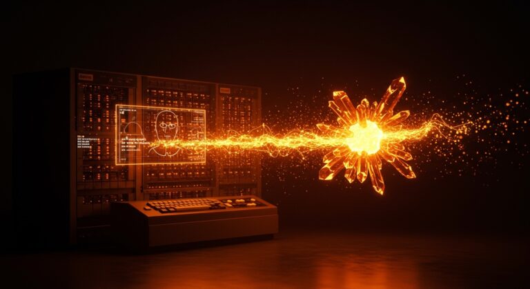 Representación conceptual de IA agéntica modernizando código COBOL en mainframes para fintechs, colores naranja y negro.