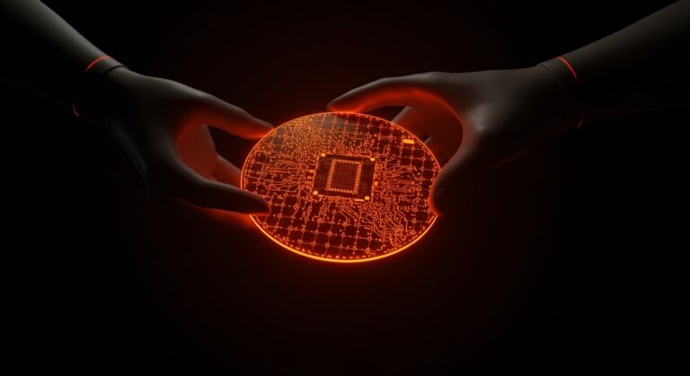 Innovación de Huawei en chips de 1.4 nm, representando el avance tecnológico y la competencia en semiconductores frente a sanciones.