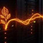 Representación visual de la huella de carbono digital y sostenibilidad tech en data centers con colores naranja y negro.