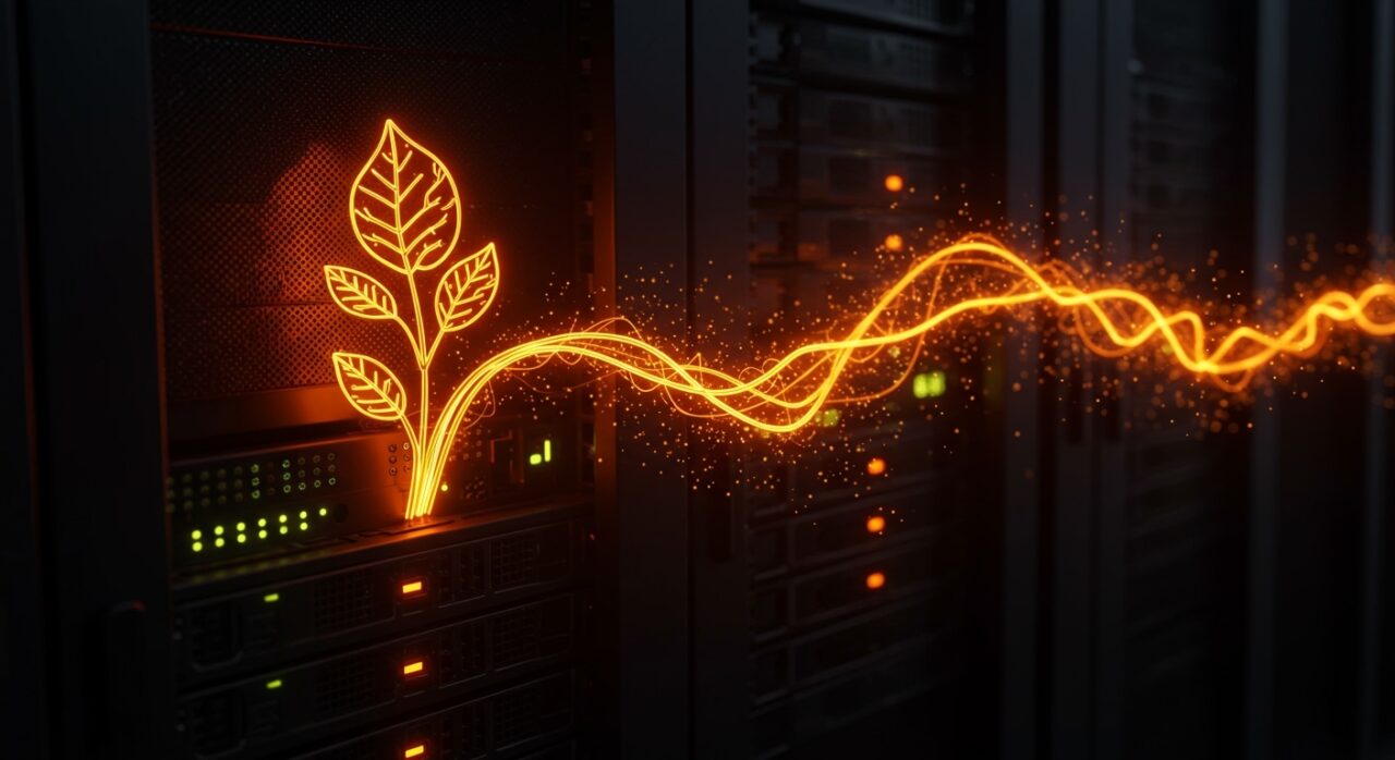 Representación visual de la huella de carbono digital y sostenibilidad tech en data centers con colores naranja y negro.