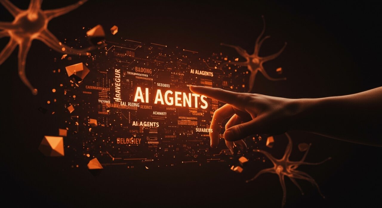 Representación conceptual de un fundador de startup analizando un glosario de inteligencia artificial avanzado en un entorno digital naranja y negro.