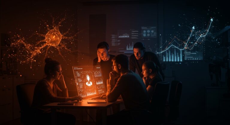 Equipo de startup de IA bajo presión revisando dashboard de atención al cliente automatizada, simbolizando riesgo y fracaso sin entrenamiento adecuado.
