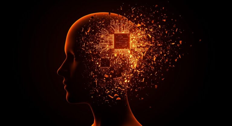 Desarrollador de software frente a una red neuronal de IA, simbolizando la pérdida de habilidades cognitivas y el tech debt en el coding.