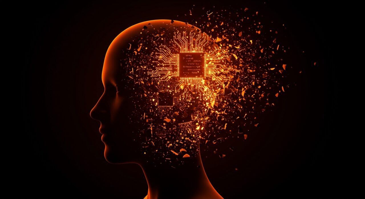 Desarrollador de software frente a una red neuronal de IA, simbolizando la pérdida de habilidades cognitivas y el tech debt en el coding.