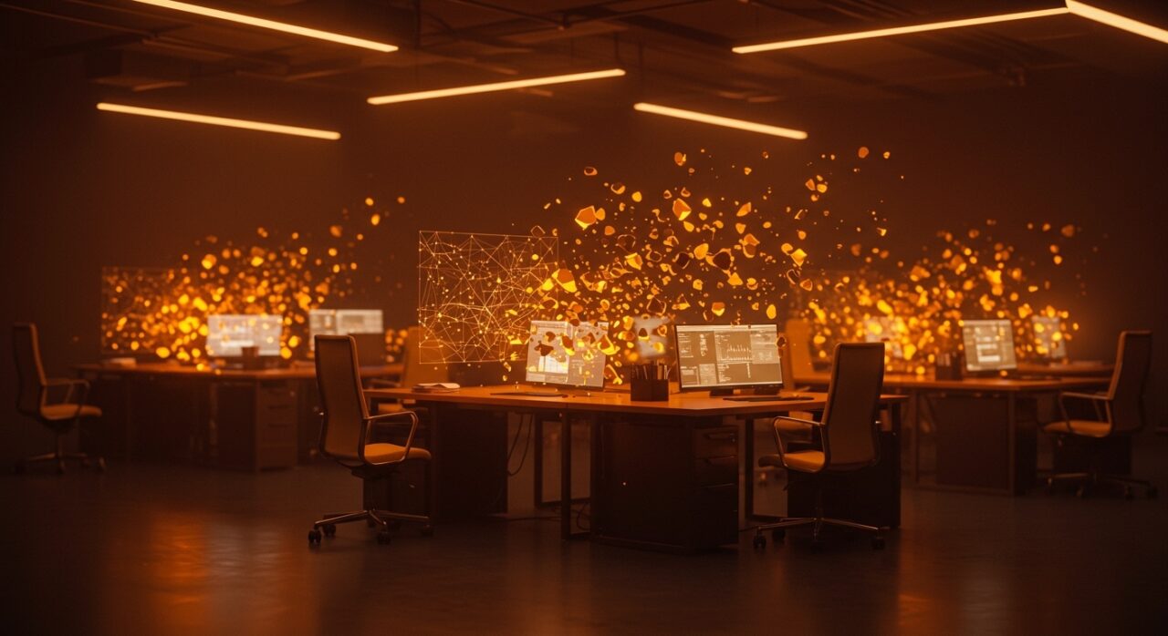 Representación conceptual de la automatización por IA y reestructuración laboral en startups con estética naranja y negra.