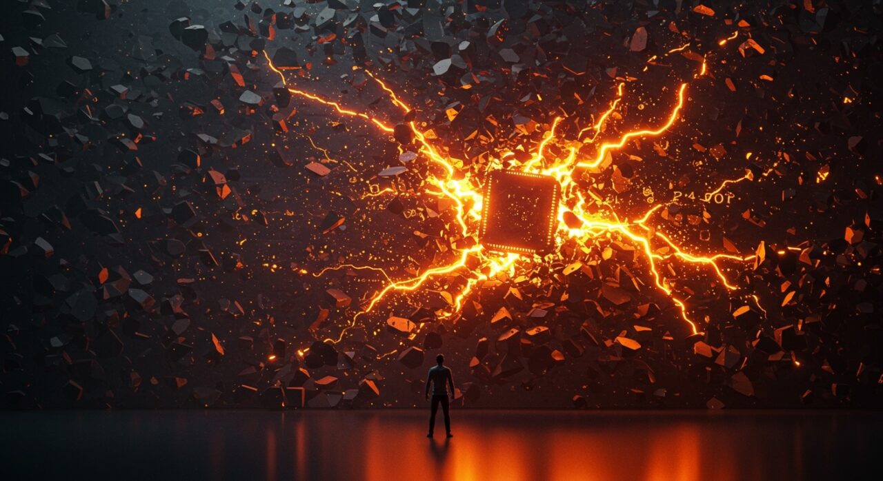 Representación conceptual de la transición laboral por IA y la eficiencia operativa en startups, con colores naranja y negro.
