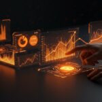 Representación conceptual de IA financiera en empresas españolas con flujos de datos naranjas sobre fondo negro, simbolizando el FP&A predictivo y la automatización.