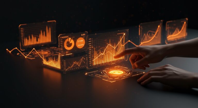 Representación conceptual de IA financiera en empresas españolas con flujos de datos naranjas sobre fondo negro, simbolizando el FP&A predictivo y la automatización.