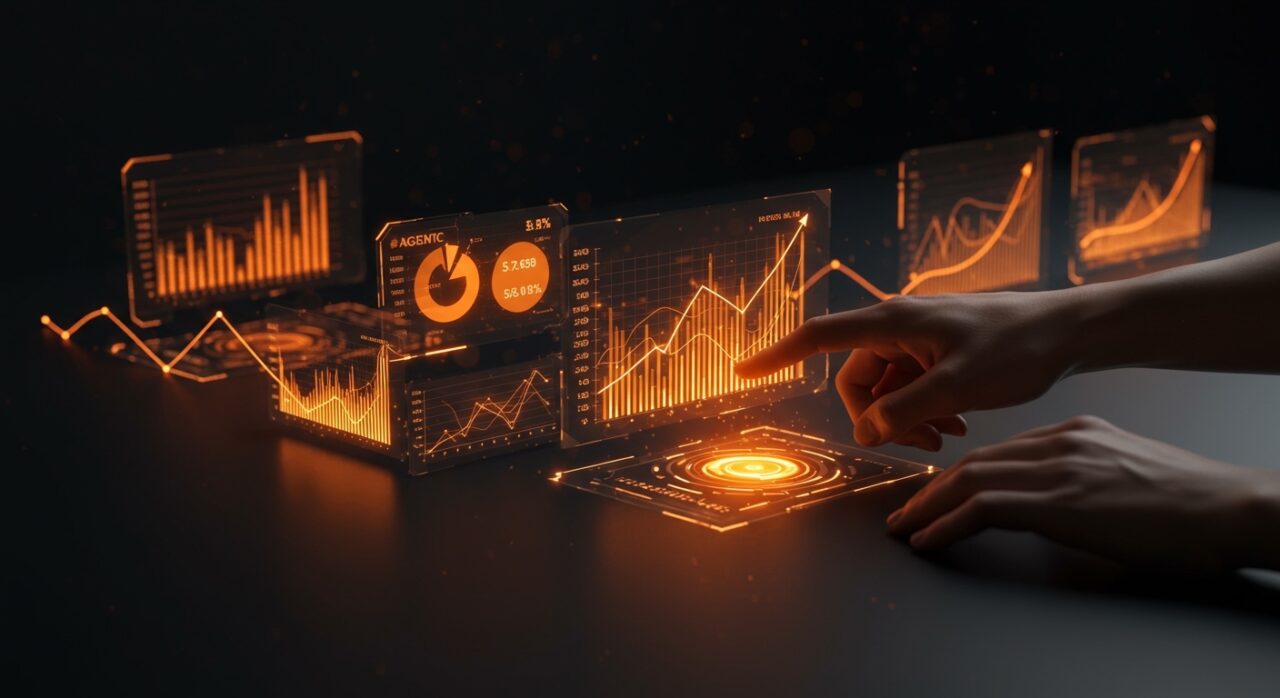 Representación conceptual de IA financiera en empresas españolas con flujos de datos naranjas sobre fondo negro, simbolizando el FP&A predictivo y la automatización.